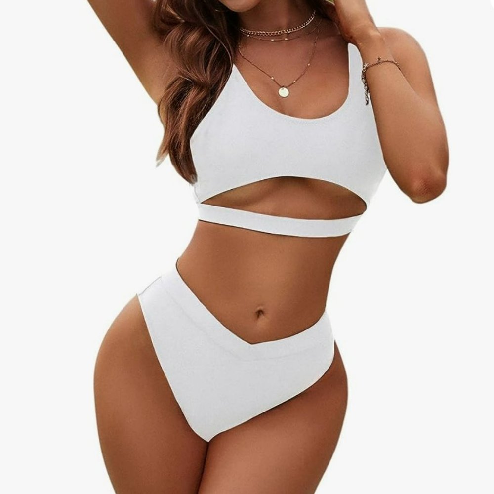 NWT Womens Cutout High Waisted Cheeky Sexy Bikini 2 Piece White  XL